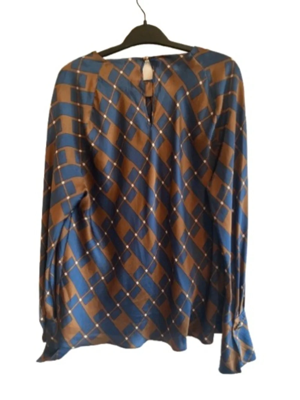 Zara Geometric Satin-Finish Long-Sleeved Blouse - Blue & Bronze - Size L - Picture 3 of 6
